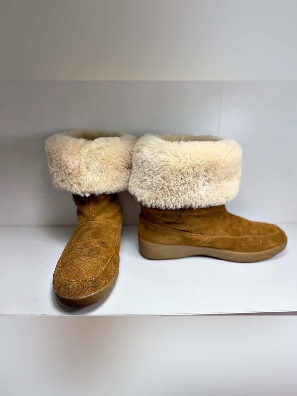 Coach Teri Signature Shearling Bootie Winter Boots Brown & Cream